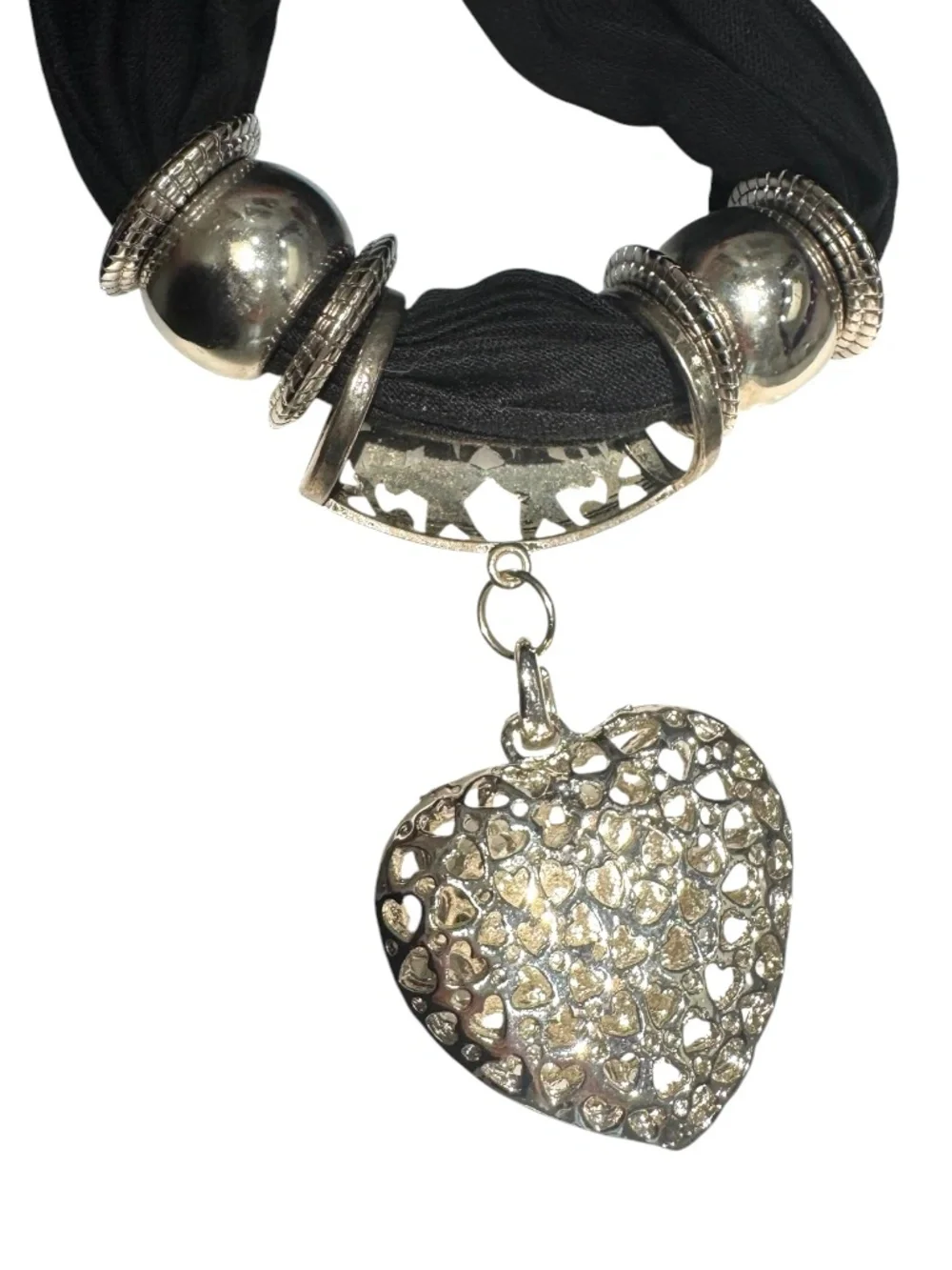 VINTAGE BARNEYS NEW YORK BLACK JEWELRY SCARF W HEART PENDANT & METAL ACCENTS